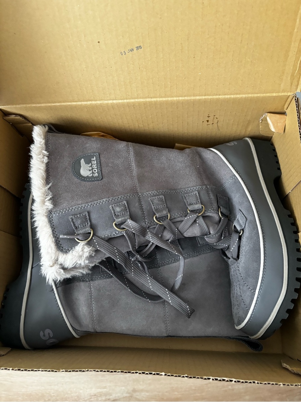 Sorel Tivoli Grey Women's Lace-Up Waterproof Winter Boots with Faux Fur Cuff